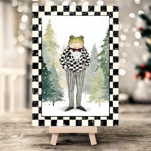 Gentleman Frog Picture on Flat Canvas with Easel, Whimsical black and white check