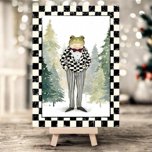 Gentleman Frog Picture on Flat Canvas with Easel, Whimsical black and white check