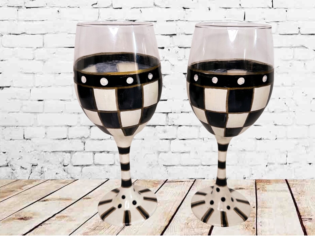 Hand Painted Whimsical Wine Glasses Pair X2 Black and White Etsy