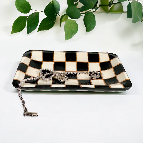 Wooden Jewelry Tray Soap Dish, Black and White Check, Hand Painted