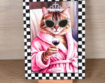 Queen Spa Cat 5x7 or 8x10 Canvas Art Whimsical Pink Bathrobe Print with Easel
