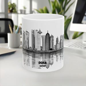 Doha Mug, Qatar Mug, Skyline&Landmark mug, Line Art Mug, White Black Design, Travel Gift, Coffee Mug, Souvenir, 11oz/15oz, White Ceramic mug
