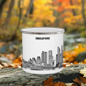 Singapore Camping Mug, Enamel Coffee Cup, City skyline, Line Art White-Black, Travel Souvenir, Outdoor Adventure Gift for Hikers&Campers