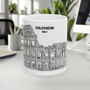Colosseum Mug, Italy Mug, Travel Gift, Coffee Mug, Souvenir, Landmark Mug, Line Art Mug, White-Black Design, 11oz/15oz, White Ceramic mug