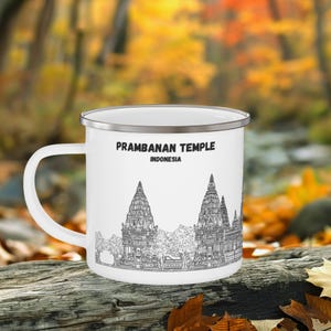 Prambanan Temple Camping Mug, Indonesia, Enamel Coffee Cup, Adventure Gift for Hikers&Campers, Landmark LineArt White-Black, Travel Souvenir