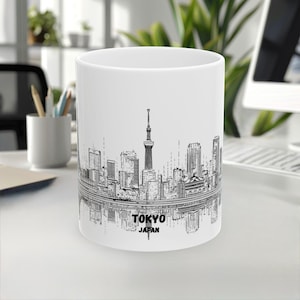 Tokyo Mug, Japan Mug, Skyline&Landmark mug, LineArt Mug, White Black Design, Travel Gift, Coffee Mug, Souvenir, 11oz/15oz, White Ceramic mug