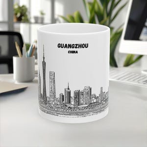 Guangzhou Mug, China Mug, Skyline&Landmark, LineArt Mug, White Black Design, Travel Gift, Coffee Mug, Souvenir, 11oz/15oz, White Ceramic mug