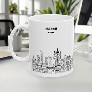 Macau Mug, China Mug, Skyline&Landmark, Line Art Mug, White - Black Design, Travel Gift, Coffee Mug, Souvenir, 11oz/15oz, White Ceramic mug