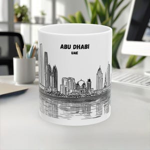 Abu Dhabi Mug, UAE Mug, Skyline&Landmark, Line Art Mug, White Black Design, Travel Gift, Coffee Mug, Souvenir, 11oz/15oz, White Ceramic mug