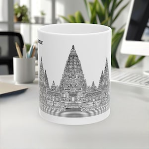 Prambanan Temple Mug, Indonesia Mug, Landmark, Line Art Mug, White Black Design, Travel Souvenir, Coffee Mug, 11oz/15oz, White Ceramic mug