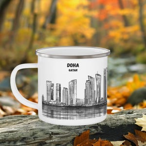 Doha Camping Mug, Qatar, Enamel Coffee Cup, City skyline, Line Art White-Black, Travel Souvenir, Outdoor Adventure Gift for Hikers&Campers
