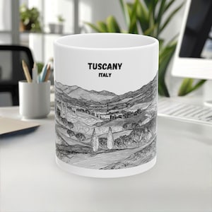 Tuscany Mug, Italy Mug, Travel Gift, Coffee Mug, Souvenir mug, Landmark Mug, Line Art Mug, White-Black Design, 11oz/15oz, White Ceramic mug