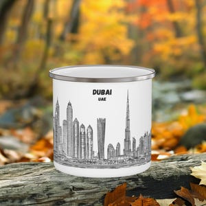 Dubai Camping Mug, UAE, Enamel Coffee Cup, City skyline, Line Art White-Black, Travel Souvenir, Outdoor Adventure Gift for Hikers&Campers