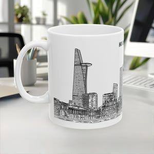 Ho Chi Minh City Mug, Vietnam Mug, Skyline&Landmark, Line Art- White Black Design, Travel Souvenir, Coffee Mug, 11oz/15oz, White Ceramic mug