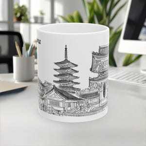 Sensoji Temple Mug, Japan Mug, Landmark, Line Art Mug, White Black Design, Travel Gift, Coffee Mug, Souvenir, 11oz/15oz, White Ceramic mug