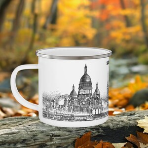 Sacre-Coeur Camping Mug, France Mug, Enamel Coffee Cup, Outdoor Adventure Gift for Hikers&Campers, Line Art White-Black, Travel Souvenir