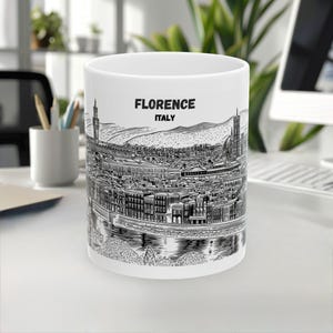 Florence Mug, Italy Mug, Coffee Mug, Souvenir, Europe mug, Line Art Mug, White-Black Design, Travel Gift, 11oz/15oz, White Ceramic mug