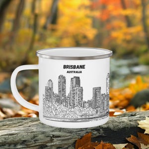 Brisbane Camping Mug, Australia, Enamel Coffee Cup, Travel Souvenir, Adventure Gift for Hikers&Campers, City skyline, Line Art White-Black