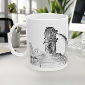 Merlion Mug, Singapore Mug, Skyline&Landmark mug, LineArt Mug, White Black Design, Travel Souvenir, Coffee Mug, 11oz/15oz, White Ceramic mug