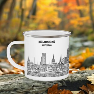 Melbourne Camping Mug, Australia, Enamel Coffee Cup, Travel Souvenir, Adventure Gift for Hikers&Campers, City skyline, Line Art White-Black