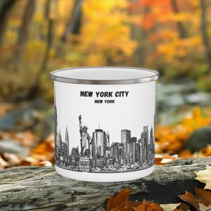 New York City Camping Mug, Enamel Coffee Cup, skyline, Line Art White-Black, Travel Souvenir, Outdoor Adventure Gift for Hikers&Campers