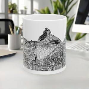 Caneca de Zermatt, caneca da Suíça, lembrança de viagem, caneca de arte linear, caneca de ponto turístico, caneca de café, presente para viajante, caneca de cerâmica branca, caneca de 11oz/15oz