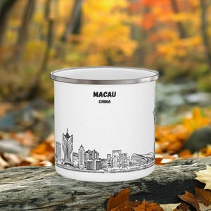 Macau Camping Mug, China, Enamel Coffee Cup, City skyline, Line Art White-Black, Travel Souvenir, Outdoor Adventure Gift for Hikers&Campers