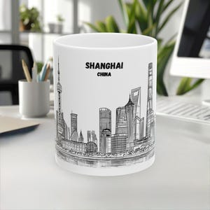 Shanghai Mug, China Mug, Skyline&Landmark, Line Art Mug, White Black Design, Travel Gift, Coffee Mug, Souvenir, 11oz/15oz, White Ceramic mug