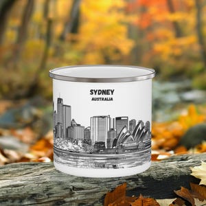 Sydney Camping Mug, Australia Mug, Enamel Coffee Cup, Travel Souvenir, Adventure Gift for Hikers&Campers, City skyline, Line Art White-Black