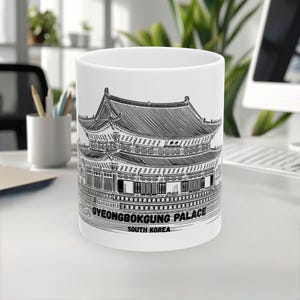 Gyeongbokgung Palace Mug, Korea Mug, Landmark, Line Art Mug, White Black Design, Travel Souvenir, Coffee Mug, 11oz/15oz, White Ceramic mug