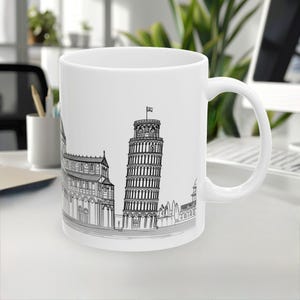 Pisa Mug, Italy Mug, Coffee Mug, Souvenir, Landmark, Europe mug, Line Art Mug, White-Black Design, Travel Gift, 11oz/15oz, White Ceramic mug
