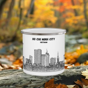 Ho Chi Minh City Camping Mug, Vietnam, Enamel Coffee Cup, City skyline, Line Art White-Black, Travel Souvenir, Adventure Gift Hikers&Campers