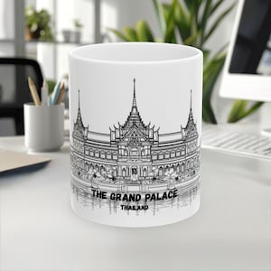 The Grand Palace Mug, Thailand Mug, Landmark, Line Art Mug, White Black Design, Travel Souvenir, Coffee Mug, 11oz/15oz, White Ceramic mug