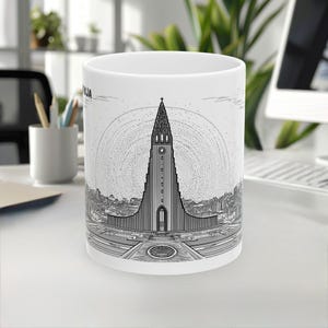 Caneca Hallgrimskirkja, caneca da Islândia, lembrança de viagem, caneca de arte linear, ponto de referência, caneca de café, presente para viajante, caneca de cerâmica branca, caneca de 11oz/15oz