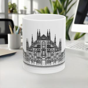 Milan Mug, Italy Mug, Travel Gift, Coffee Mug, Souvenir mug, Landmark Mug, Line Art Mug, White-Black Design, 11oz/15oz, White Ceramic mug