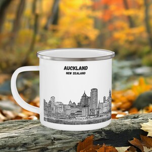 Auckland Camping Mug, New Zealand, Enamel Coffee Cup, Travel Souvenir, Adventure Gift for Hikers&Campers, City skyline, Line Art White-Black