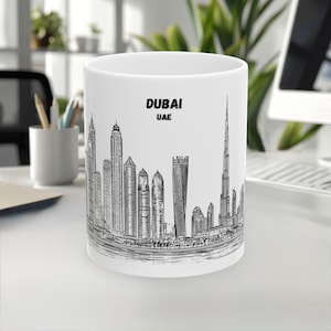 Dubai Mug, UAE Mug, Skyline&Landmark, LineArt Mug, WhiteBlack Design, Unique Travel Gift, Coffee Mug, Souvenir, 11oz/15oz, White Ceramic mug