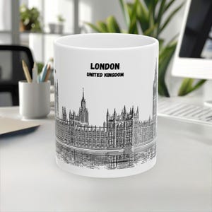 London Mug, UK Mug, Coffee Mug, Souvenir, Europe mug, Line Art Mug, White-Black Design, Travel Gift, 11oz/15oz, White Ceramic mug
