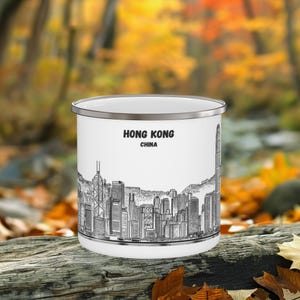 Hong Kong Camping Mug, China Mug, Enamel Coffee Cup, City skyline, Line Art White-Black, Travel Souvenir, Adventure Gift for Hikers&Campers