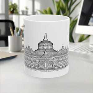 Borobudur Mug, Indonesia Mug, Landmark, Line Art Mug, White Black Design, Travel Gift, Coffee Mug, Souvenir, 11oz/15oz, White Ceramic mug
