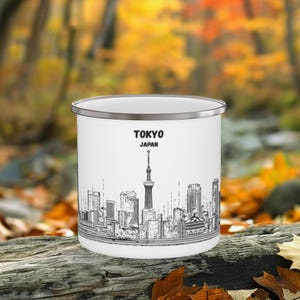 Tokyo Camping Mug, Japan, Enamel Coffee Cup, City skyline, Line Art White-Black, Travel Souvenir, Outdoor Adventure Gift for Hikers&Campers