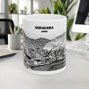Shirakawa Mug, Japan Mug, Landmark, Unique Line Art Mug, White Black Design, Travel Gift, Coffee Mug, Souvenir, 11oz/15oz, White Ceramic mug