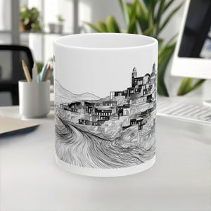 Caneca Santorini, caneca Grécia, caneca de lembrança de viagem, caneca de arte linear, caneca de ponto turístico, caneca de café, presente para viajante, caneca de cerâmica branca, caneca de 11oz/15oz