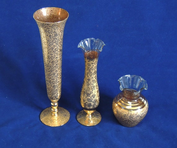 3 Vintage RANSGIL 22K Gold Overlay Glass Vanity Vases.. Wedding.. Lot Of Three