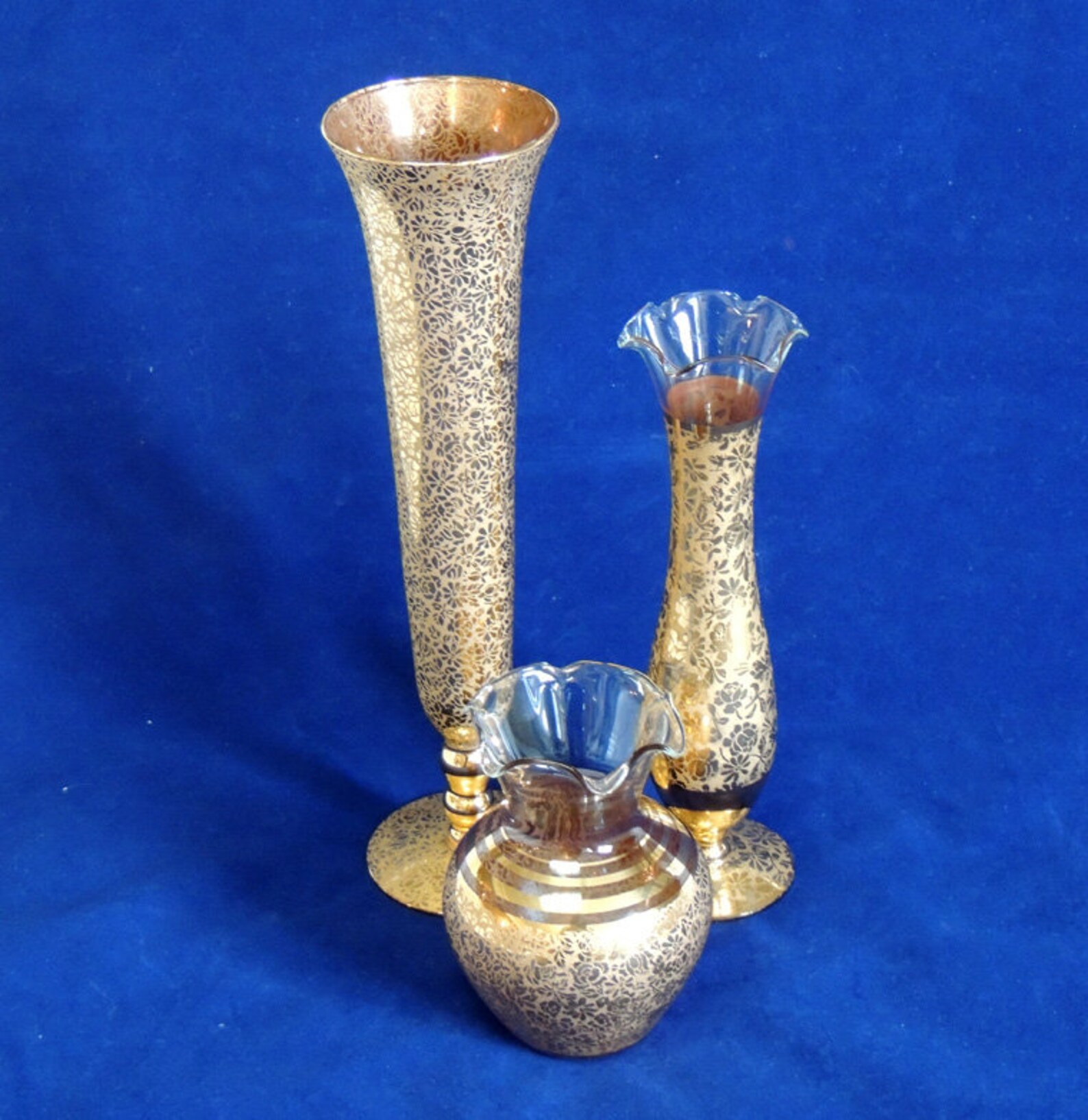 3 Vintage RANSGIL 22K Gold Overlay Glass Vanity Vases.. Etsy