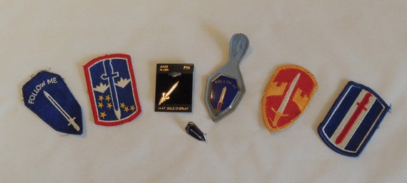 7 Vintage Military U S Army 24th Infantry Division Patches Pins & Leather Tab Follow Me