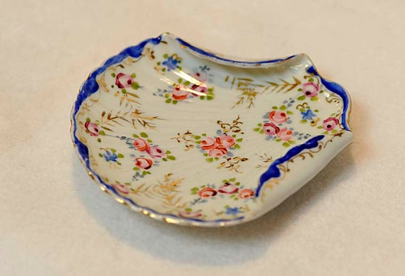 Vintage Antique Nippon Cobalt Blue & Pink Hand Painted Scallop Shell Dish / Plate