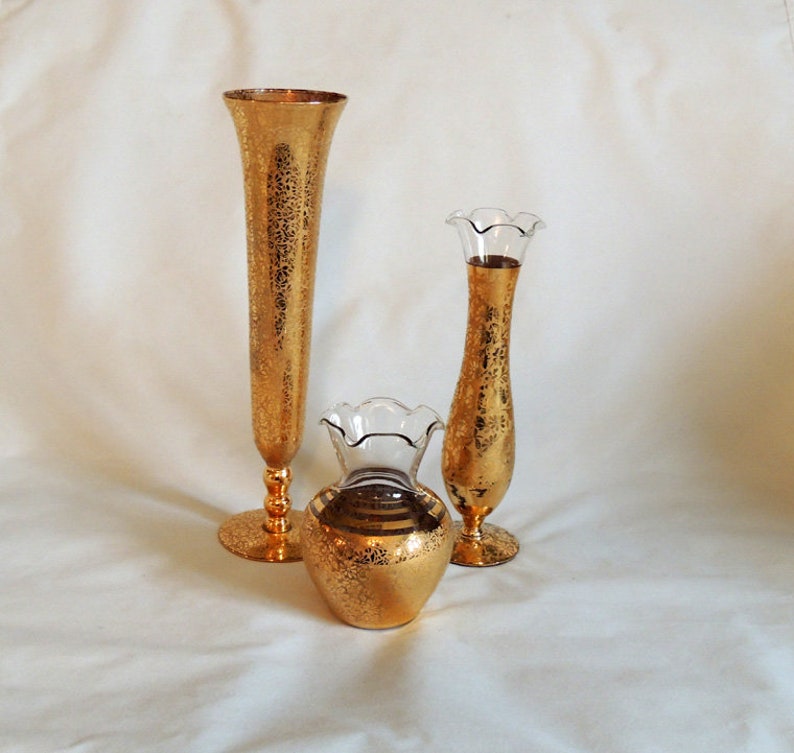 3 Vintage RANSGIL 22K Gold Overlay Glass Vanity Vases.. Etsy