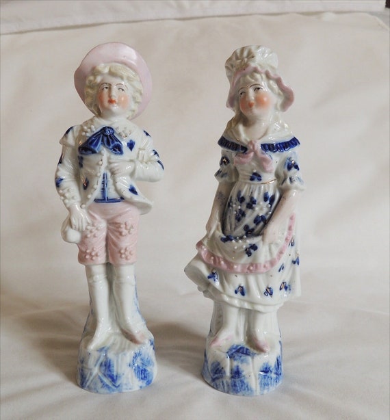 Antique Porcelain Figurines Pair.. Cobalt Blue & Pink