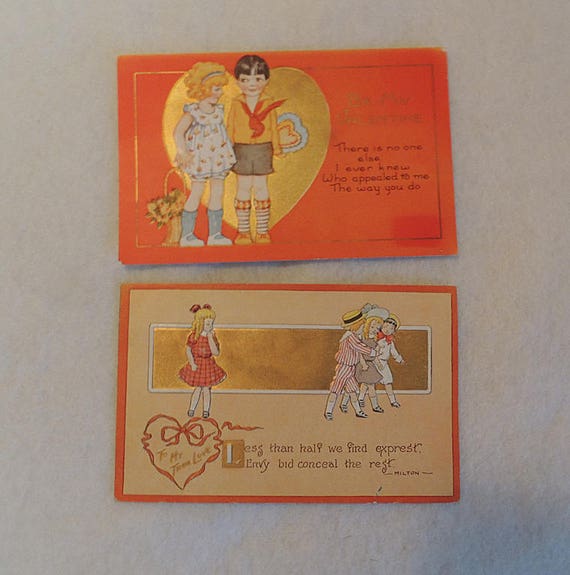 2 Vintage Valentine Postcards.. Boy Girl Children embossed & Gold.. 1910